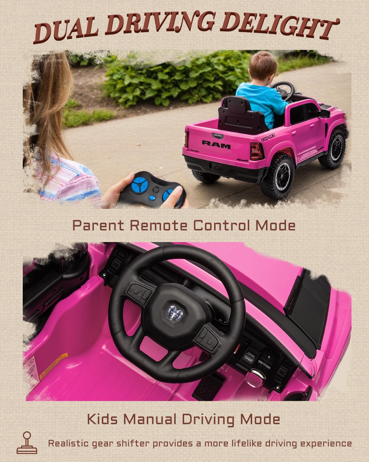 Carro Infantil Batería Eléctrico Campero DODGE RAM 24V 1-9 ROSADO - Imagen 4