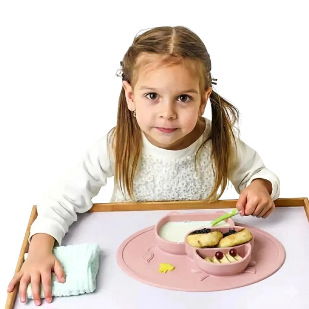 Plato de alimentación Genial de silicona con tapete diseño Vaquita Rosada