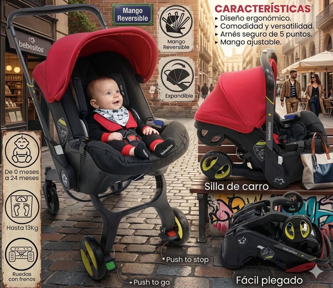 Coche Silla Carro Moisés Porta Bebe Paseador 2 en 1 / Rojo / Negro - Imagen 6