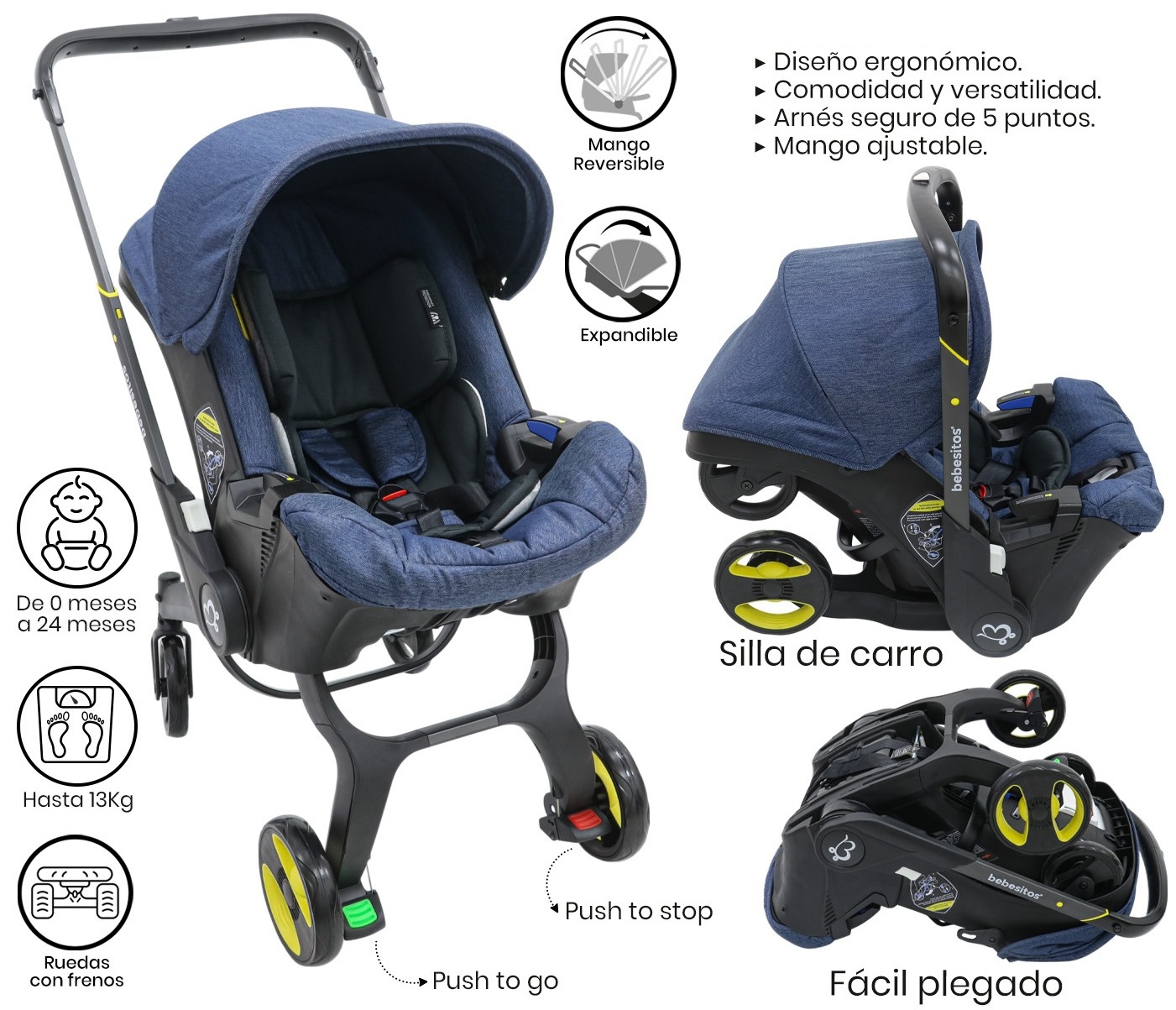 Coche Silla Carro Moisés Porta Bebe Paseador 2 en 1 / AZUL / Negro - Imagen 5