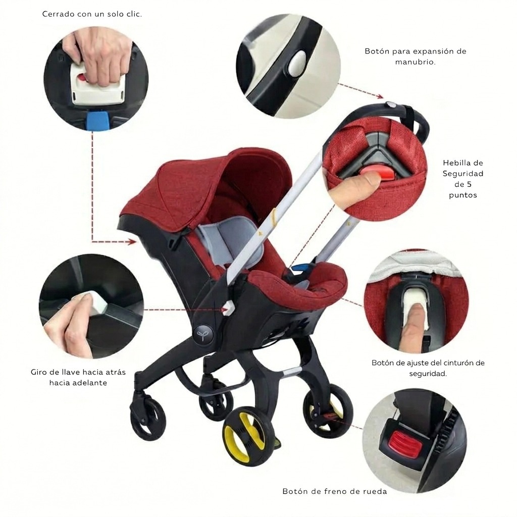 Coche Silla Carro Moisés Porta Bebe Paseador 2 en 1 / Rojo / Negro - Imagen 3