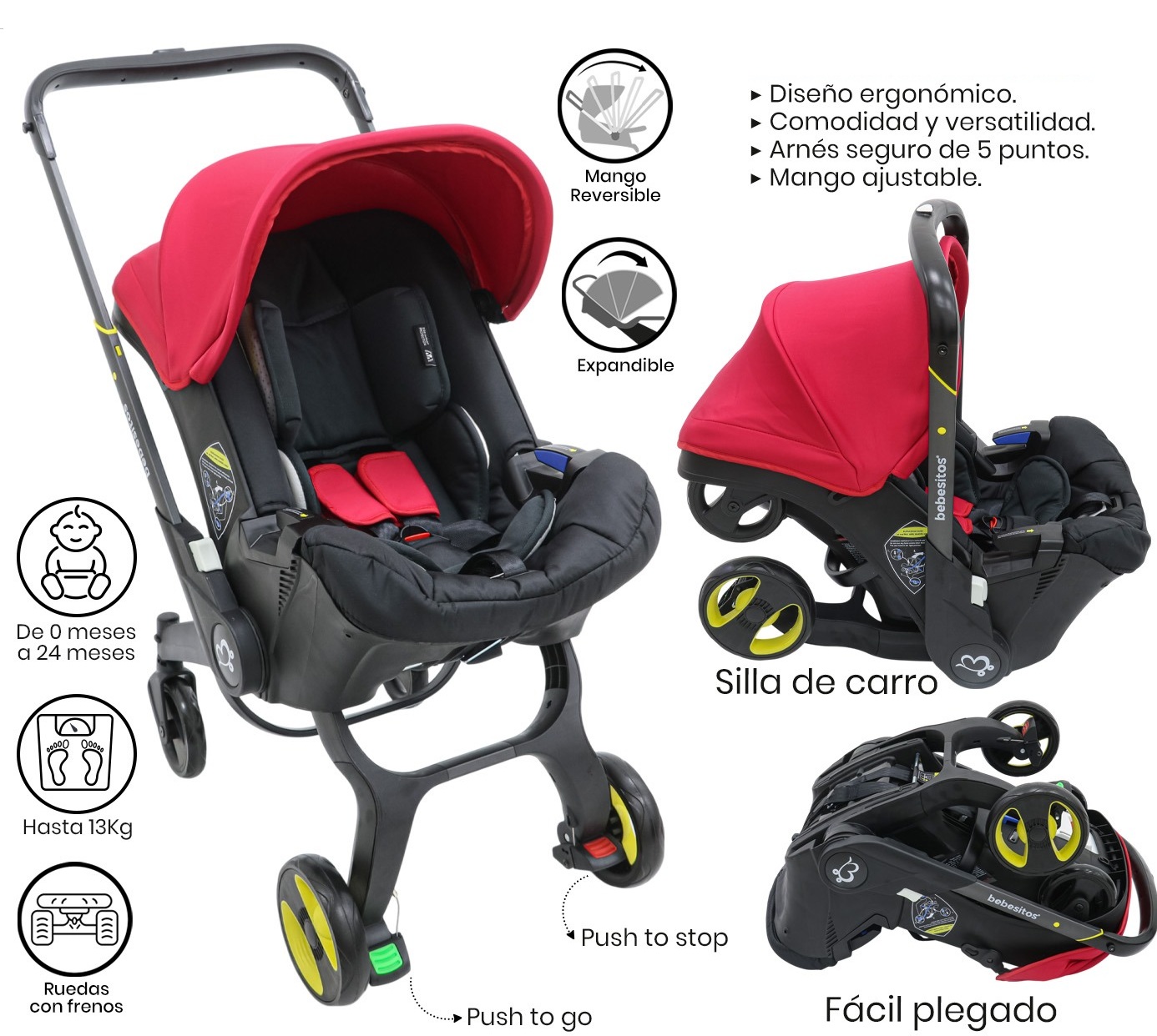 Coche Silla Carro Moisés Porta Bebe Paseador 2 en 1 / Rojo / Negro - Imagen 7